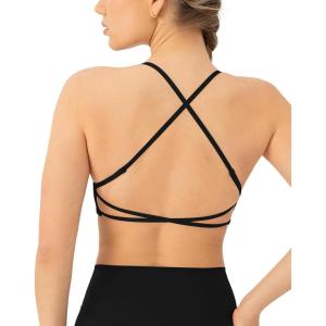 imageOpen Back Strappy Yoga Workout Bras for Women  Low Support CrissCross Sports Gym Bra Removable Pads  FlexFlowBlack