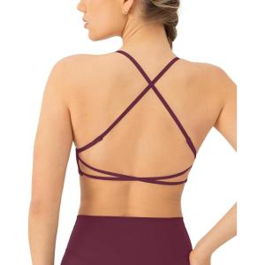 imageOpen Back Strappy Yoga Workout Bras for Women  Low Support CrissCross Sports Gym Bra Removable Pads  FlexFlowBordeaux