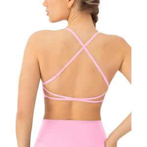 imageOpen Back Strappy Yoga Workout Bras for Women  Low Support CrissCross Sports Gym Bra Removable Pads  FlexFlowBubblegum