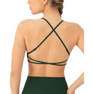 imageOpen Back Strappy Yoga Workout Bras for Women  Low Support CrissCross Sports Gym Bra Removable Pads  FlexFlowPine Green