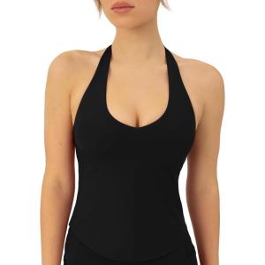 imageWorkout Halter Tops for Women Built in Bra  Low Support V Neck Backless Sports Tank Top Shelf Bra  HiPerformBlack