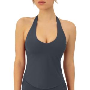imageWorkout Halter Tops for Women Built in Bra  Low Support V Neck Backless Sports Tank Top Shelf Bra  HiPerformThunder