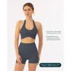 imageRuching Workout Halter Bra for Women  Low Support V Neck Yoga Backless Sports Bra Padded Halter Top  FlexFlowThunder