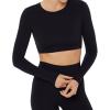 imageLong Sleeve Crop Top  Medium Support Crew Neck MoistureWicking Womens Performance Gym Workout Tee  HiPerformBlack