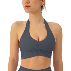 imageRuching Workout Halter Bra for Women  Low Support V Neck Yoga Backless Sports Bra Padded Halter Top  FlexFlowThunder