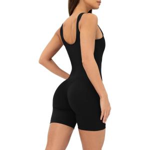 imageWorkout OnePiece for Women  Square Neck Gym Bodysuit BuiltIn Shelf Bra 5quot Romper Jumpsuit Shorts  HiPerformBlack