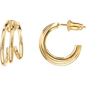 imagePAVOI 14K Gold Plated Sterling Silver Post Split Huggie Earrings  RoseWhiteYellow Gold Earrings for WomenTriple