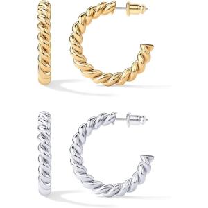 imagePAVOI 14K Gold Plated Twisted Rope Round Hoop Earrings in Rose White and Yellow GoldPack WhiteYellow