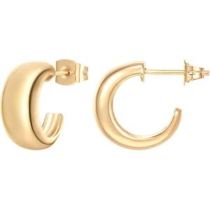 imagePAVOI 14K Gold Plated 925 Sterling Silver Posts Thick Dome Huggie Earrings for Women  Small Wide Round Hoop EarringsYellow Gold