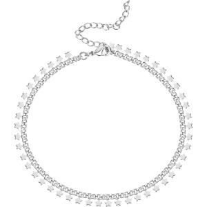 imagePAVOI 14K Gold Plated Charm Link Chain Anklets for Women  Dainty Cubic Zirconia Boho Dot Evil Eye Star Station Solitaire Pearl Beaded Festival Adjustable Gold AnkletsStar