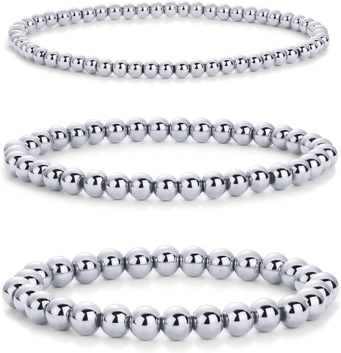 imagePAVOI 14K Gold Plated Beaded Bracelet Pack for Women  Stainless Steel 3Piece Stretchy Bracelet Set  Waterproof Ball TrioWhite Gold