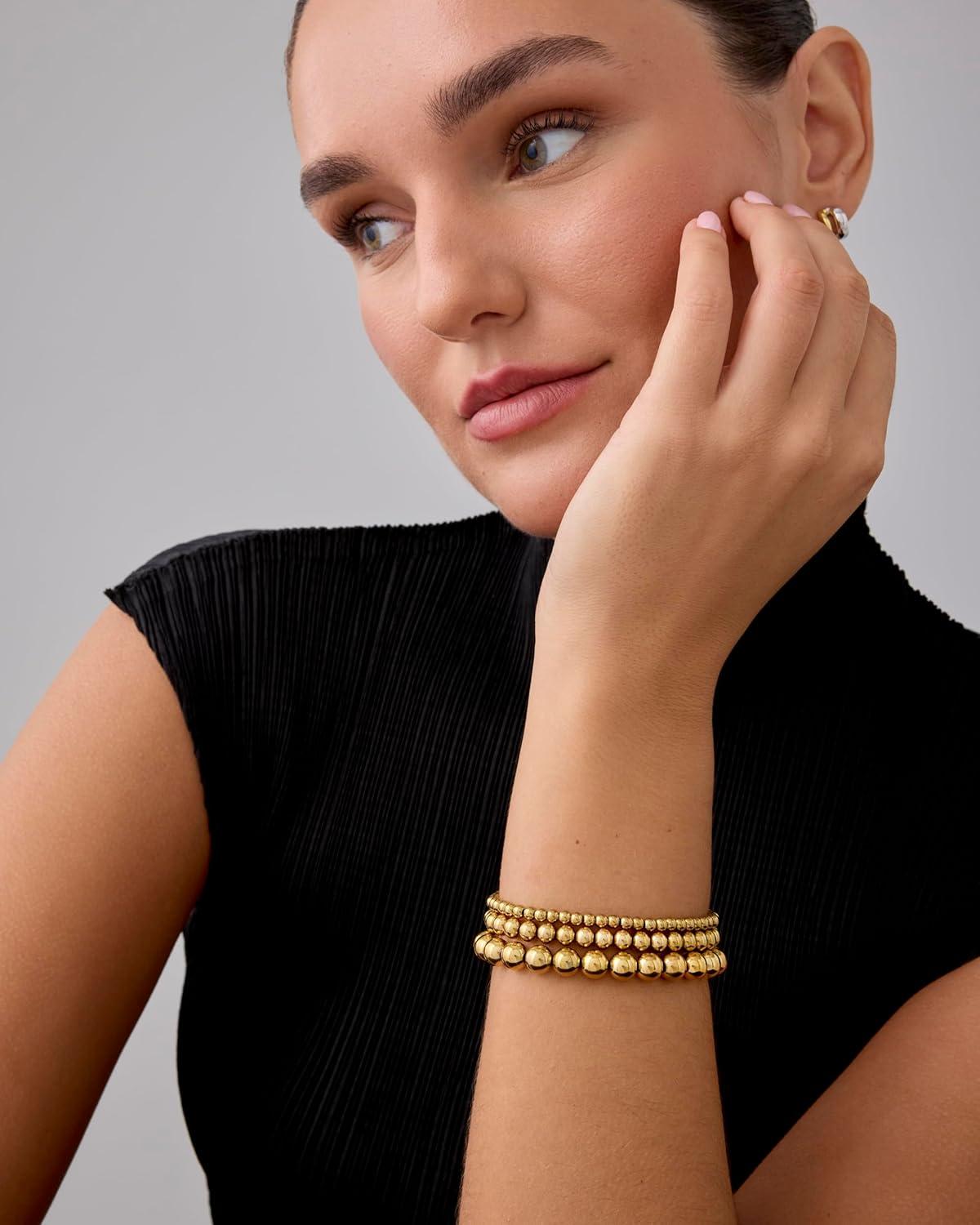 imagePAVOI 14K Gold Plated Beaded Bracelet Pack for Women  Stainless Steel 3Piece Stretchy Bracelet Set  Waterproof Ball TrioYellow Gold