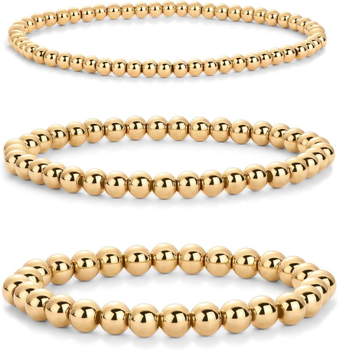 imagePAVOI 14K Gold Plated Beaded Bracelet Pack for Women  Stainless Steel 3Piece Stretchy Bracelet Set  Waterproof Ball TrioYellow Gold