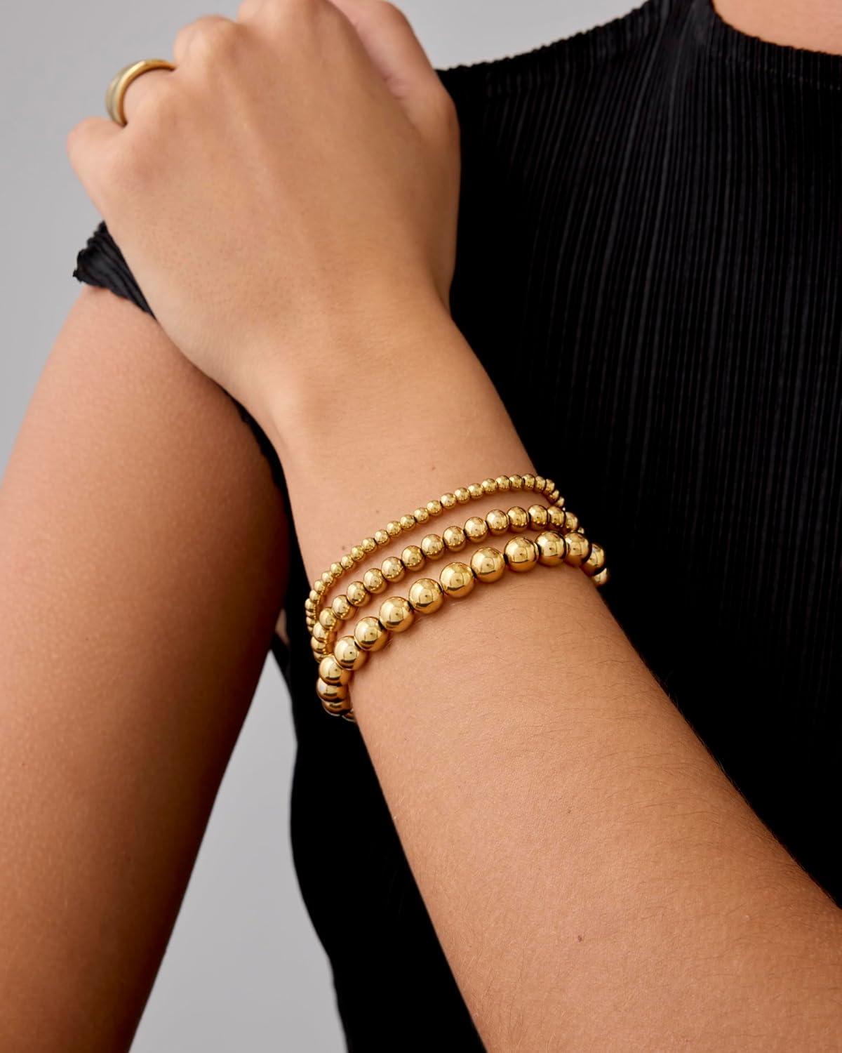 imagePAVOI 14K Gold Plated Beaded Bracelet Pack for Women  Stainless Steel 3Piece Stretchy Bracelet Set  Waterproof Ball TrioYellow Gold