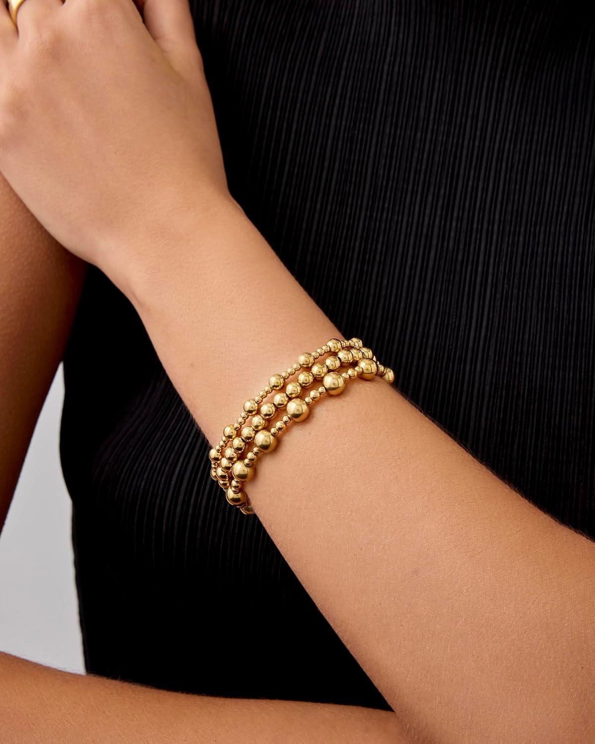 imagePAVOI 14K Gold Plated Beaded Bracelet Pack for Women  Stainless Steel 3Piece Stretchy Bracelet Set  Waterproof Ball TrioYellow Gold