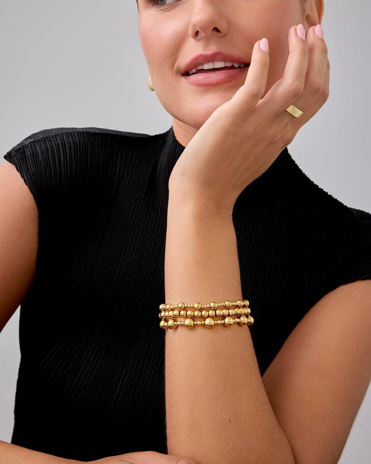 imagePAVOI 14K Gold Plated Beaded Bracelet Pack for Women  Stainless Steel 3Piece Stretchy Bracelet Set  Waterproof Ball TrioYellow Gold
