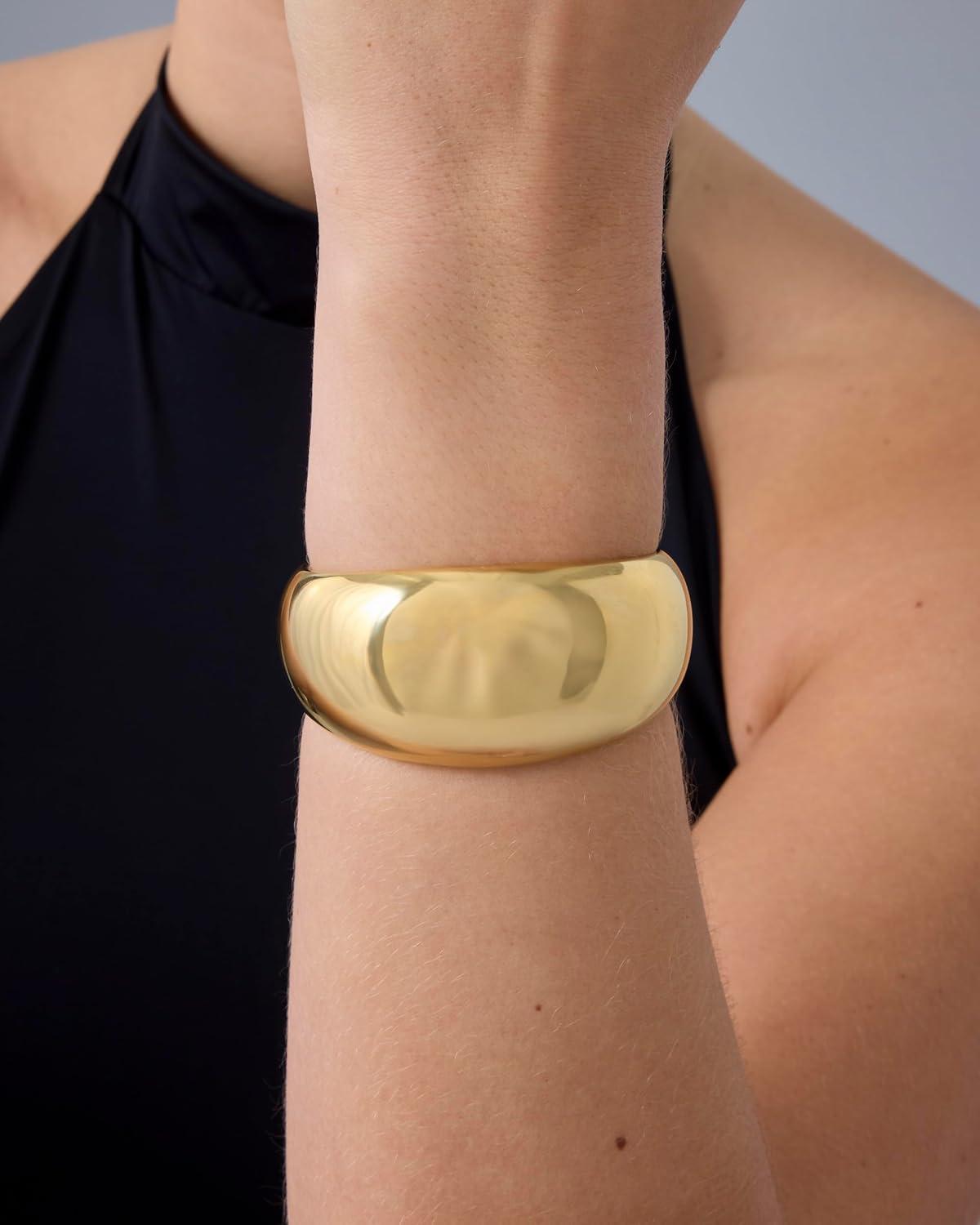 imagePAVOI 14K Gold Plated Chunky Cuff Bracelets for Women  Stainless Steel Statement Bangle Bracelet  Waterproof Bold Dome BanglesYellow Gold