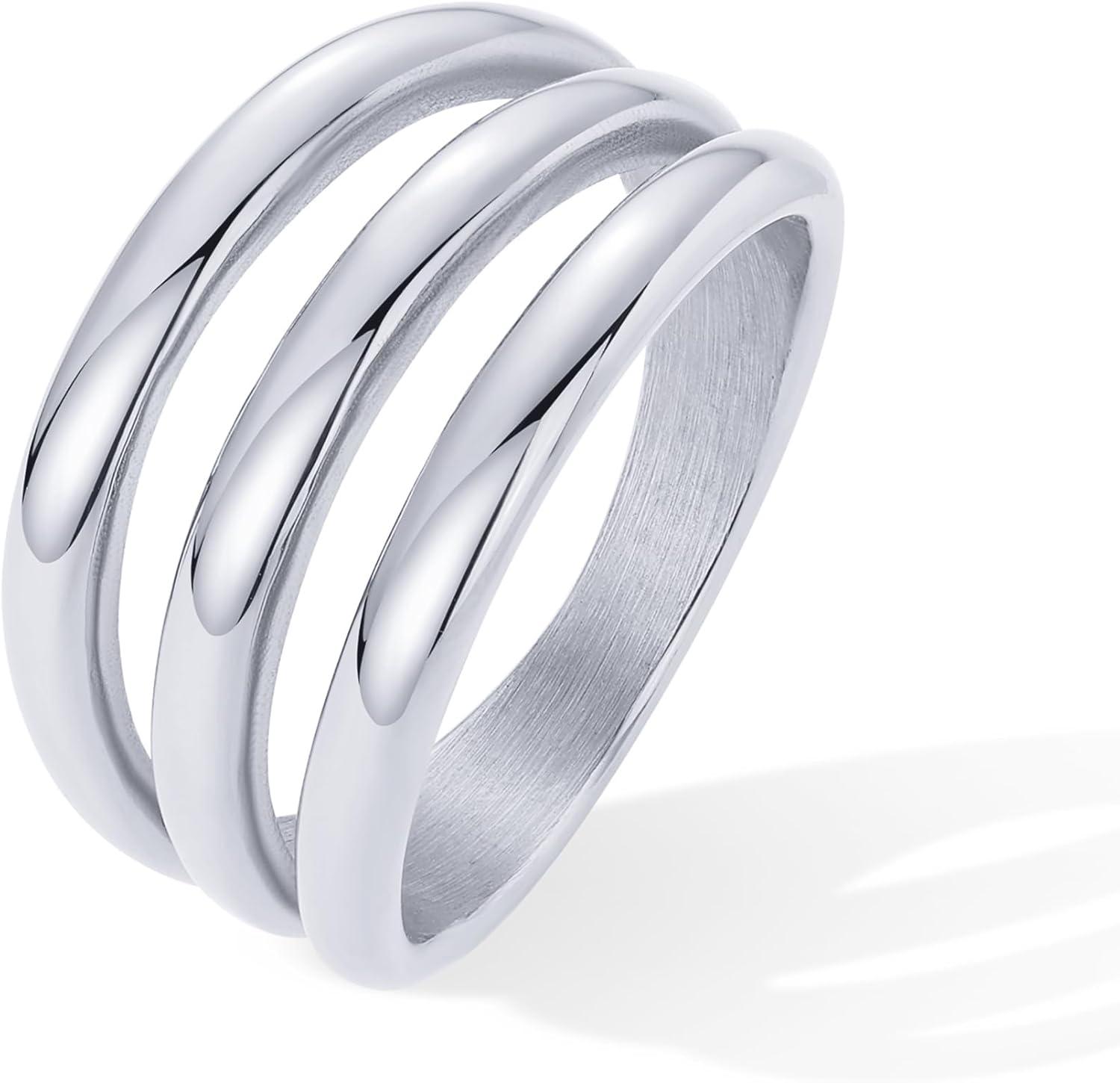 imagePAVOI 14K Gold Plated Chunky Curved Triple Stackable Ring for Women  Stainless Steel Three in One Statement Rings  Waterproof Thick MultiBandsStainless Steel