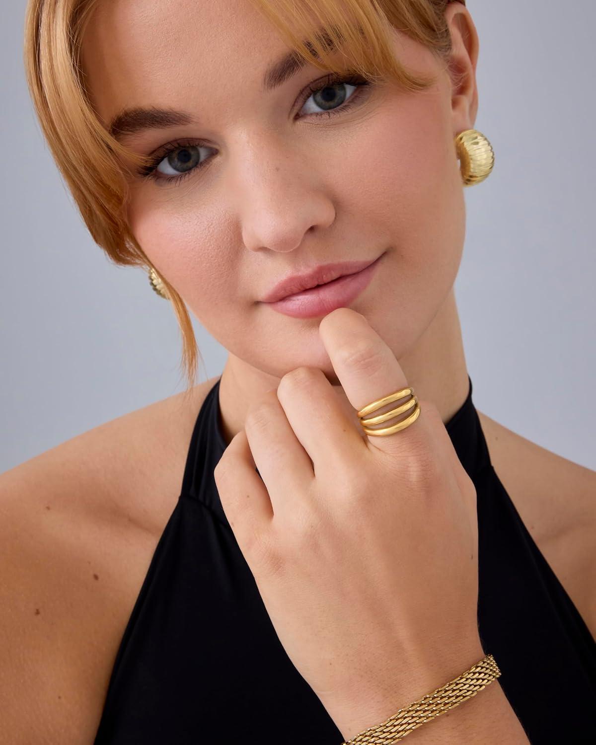 imagePAVOI 14K Gold Plated Chunky Curved Triple Stackable Ring for Women  Stainless Steel Three in One Statement Rings  Waterproof Thick MultiBandsStainless Steel