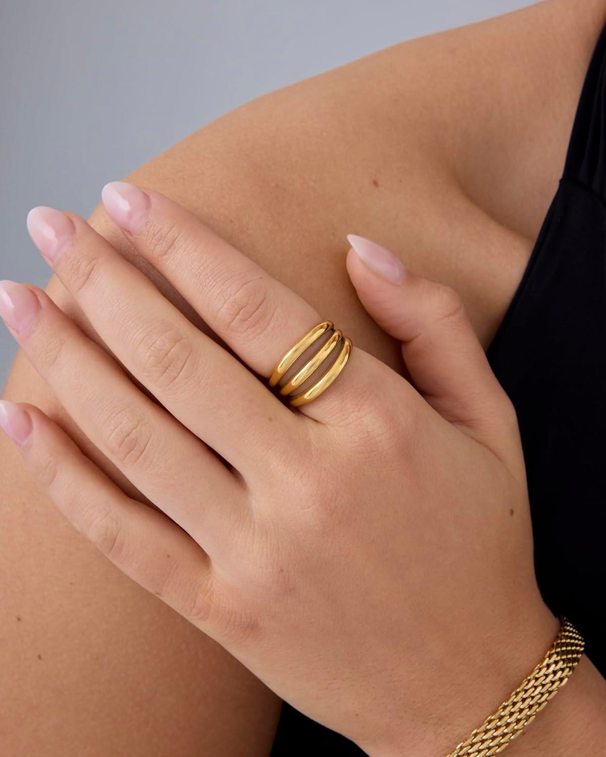 imagePAVOI 14K Gold Plated Chunky Curved Triple Stackable Ring for Women  Stainless Steel Three in One Statement Rings  Waterproof Thick MultiBandsYellow Gold