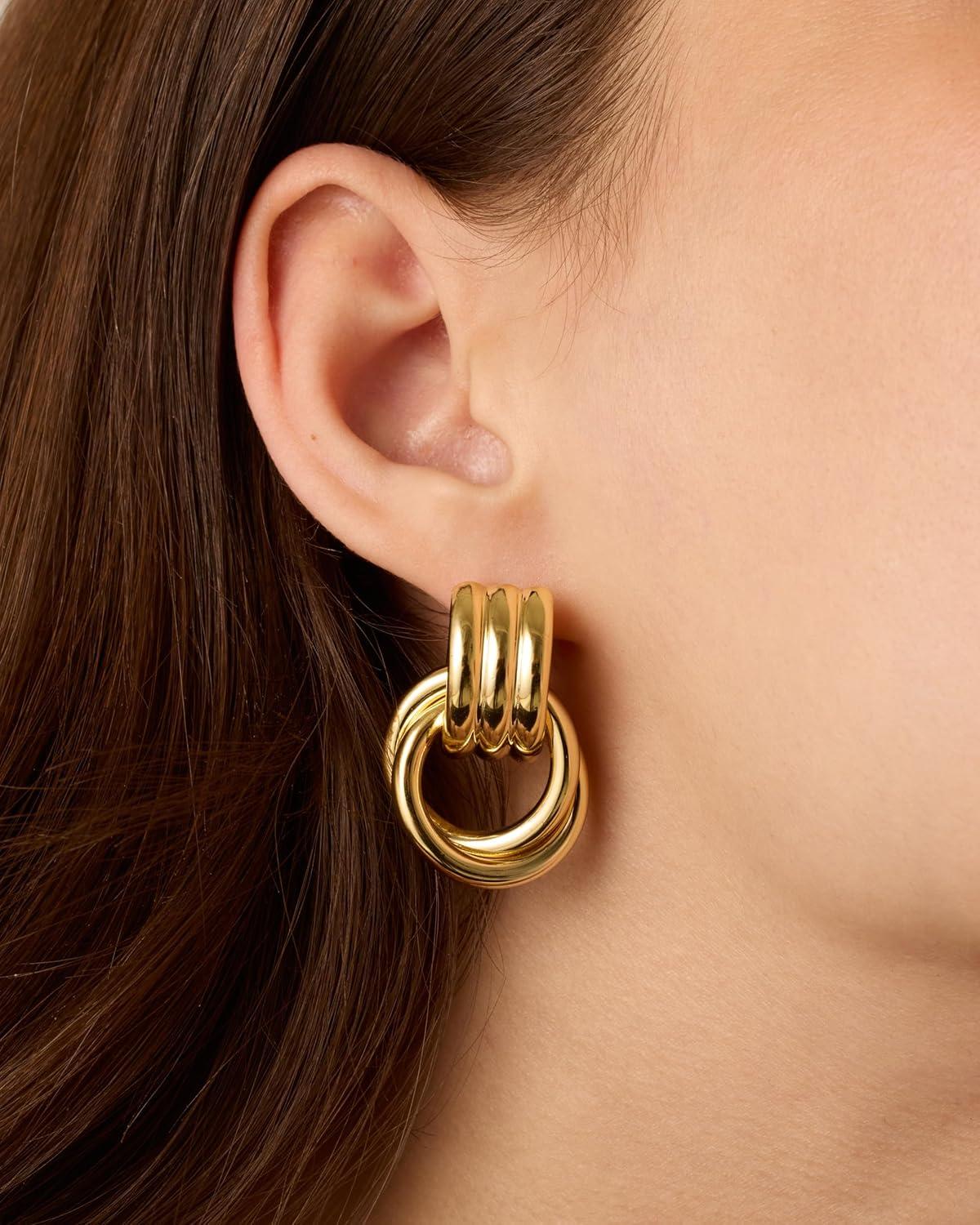 imagePAVOI 14K Gold Plated Chunky Dangle Door Knocker Earrings for Women  Trendy Geometric Drop Statement Earrings  Jewelry GiftsTwoToned