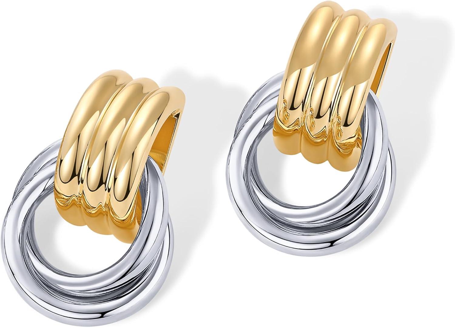 imagePAVOI 14K Gold Plated Chunky Dangle Door Knocker Earrings for Women  Trendy Geometric Drop Statement Earrings  Jewelry GiftsTwoToned