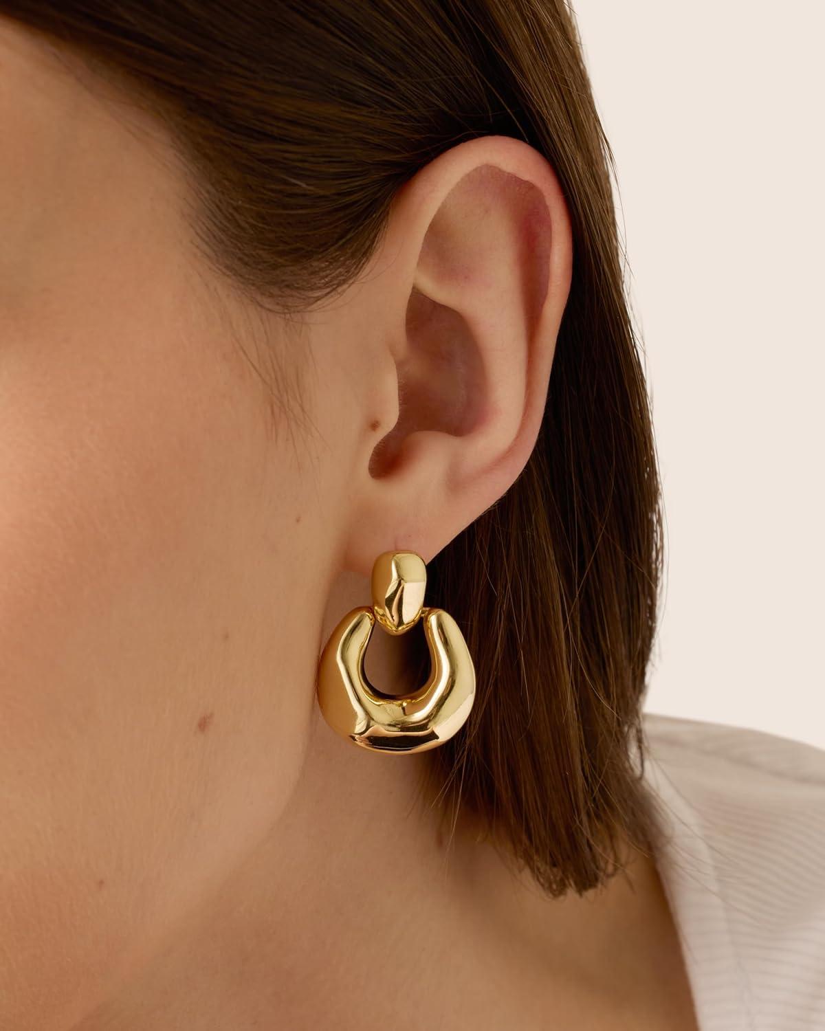 imagePAVOI 14K Gold Plated Chunky Dangle Door Knocker Earrings for Women  Trendy Geometric Drop Statement Earrings  Jewelry GiftsWhite Gold