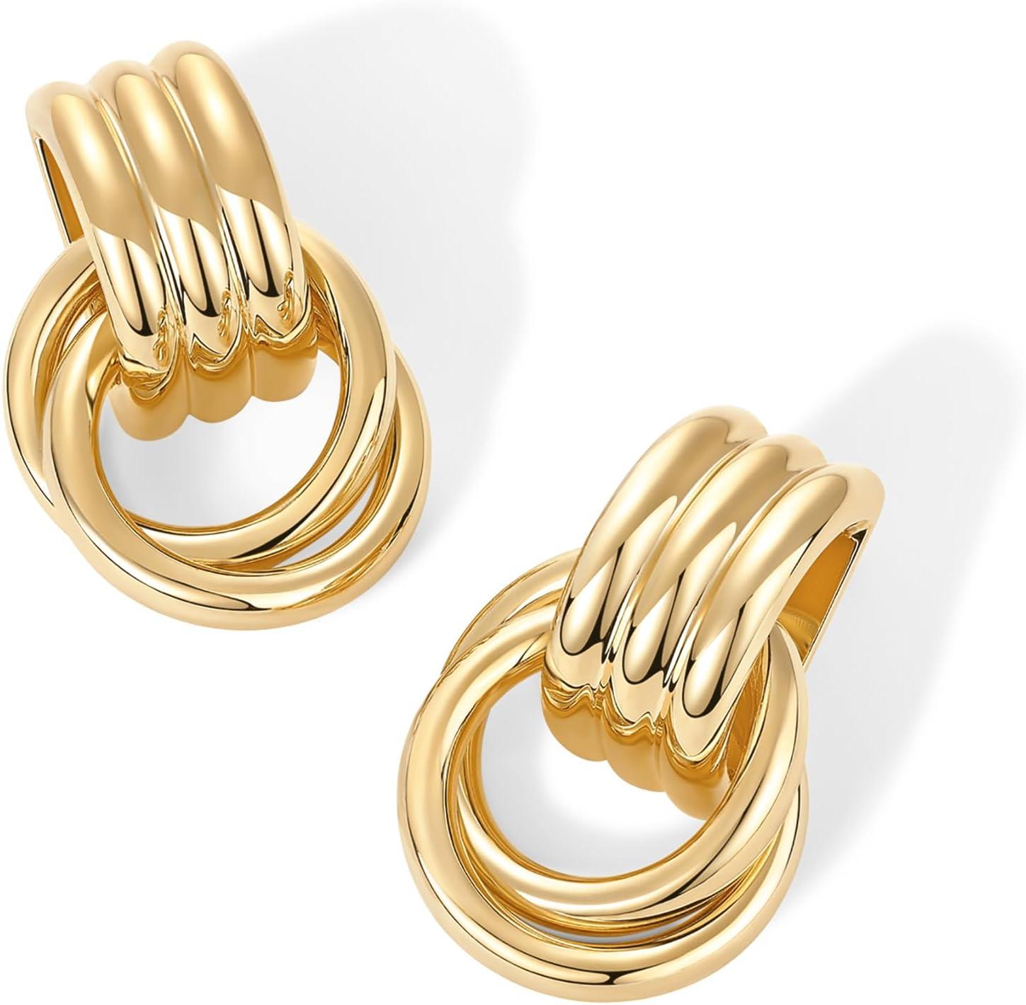 imagePAVOI 14K Gold Plated Chunky Dangle Door Knocker Earrings for Women  Trendy Geometric Drop Statement Earrings  Jewelry GiftsYellow Gold
