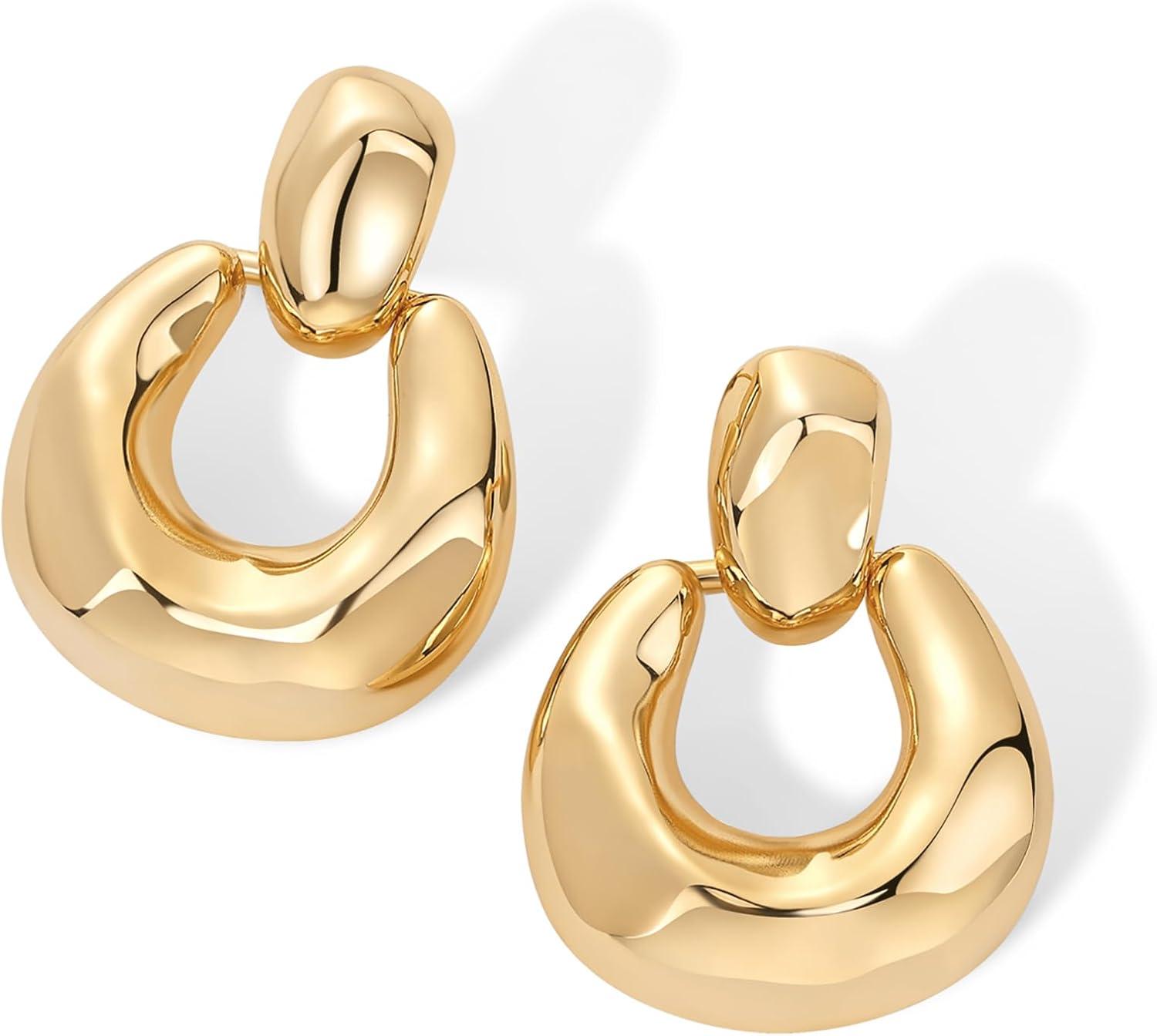 imagePAVOI 14K Gold Plated Chunky Dangle Door Knocker Earrings for Women  Trendy Geometric Drop Statement Earrings  Jewelry GiftsYellow Gold