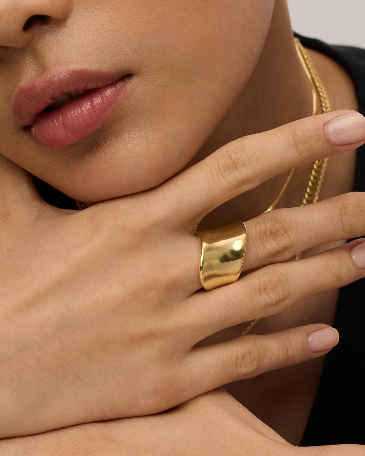 imagePAVOI 14K Gold Plated Chunky Statement Ring for Women  Stainless Steel Hypoallergenic Wide Stackable RingsYellow Gold