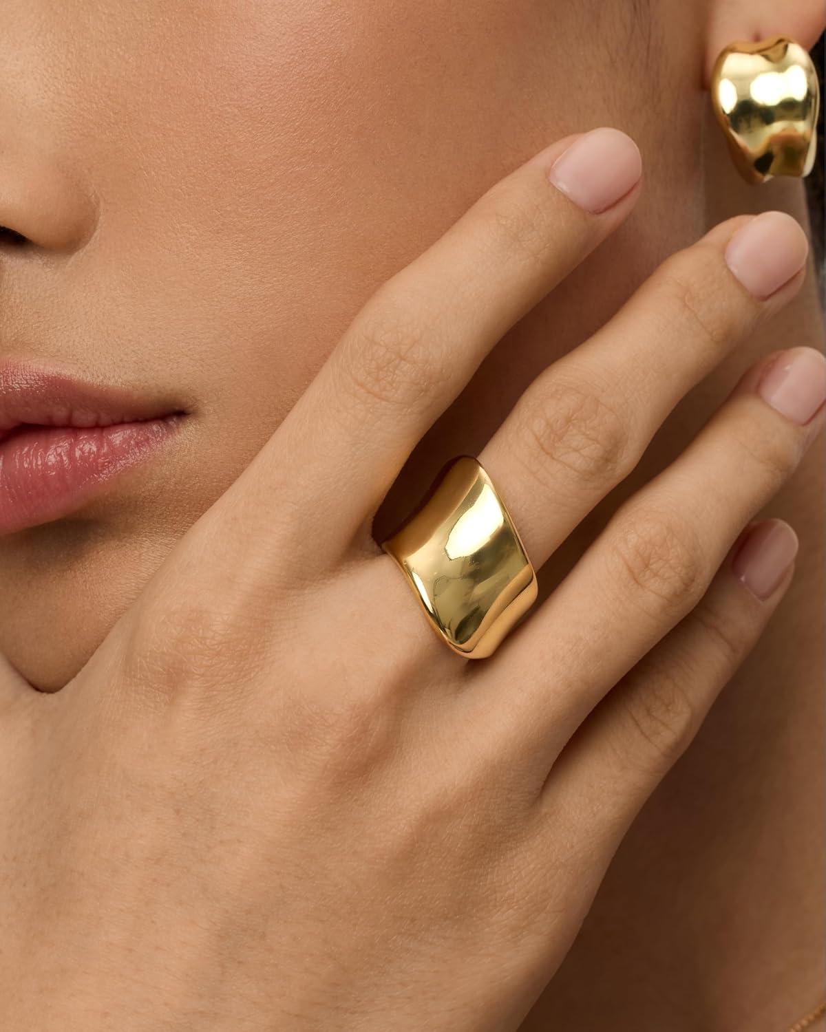 imagePAVOI 14K Gold Plated Chunky Statement Ring for Women  Stainless Steel Hypoallergenic Wide Stackable RingsYellow Gold