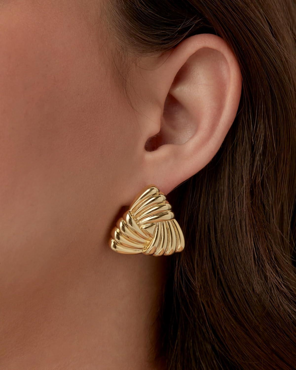imagePAVOI 14K Gold Plated Chunky Vintage Earrings for Women  Trendy Textured Ribbed Knot Geometric Triangle Rope Button Seashell Wing Dangle Drop Stud Earrings DupesWhite Gold