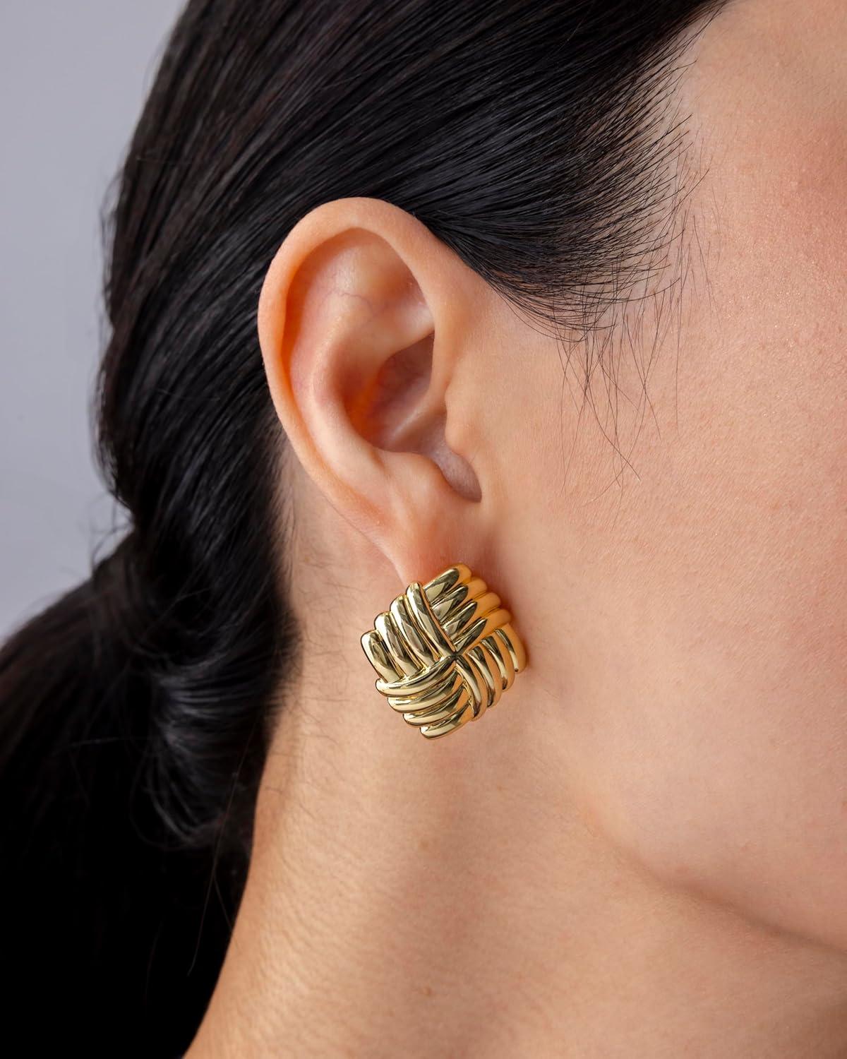 imagePAVOI 14K Gold Plated Chunky Vintage Earrings for Women  Trendy Textured Ribbed Knot Geometric Triangle Rope Button Seashell Wing Dangle Drop Stud Earrings DupesWhite Gold