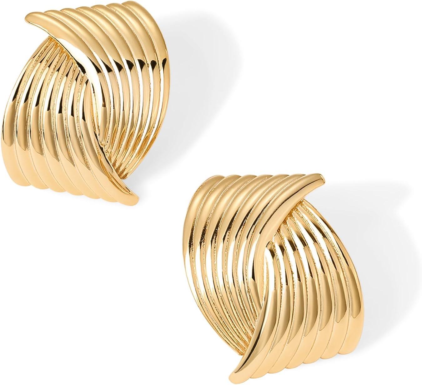 imagePAVOI 14K Gold Plated Chunky Vintage Earrings for Women  Trendy Textured Ribbed Knot Geometric Triangle Rope Button Seashell Wing Dangle Drop Stud Earrings DupesYellow Gold