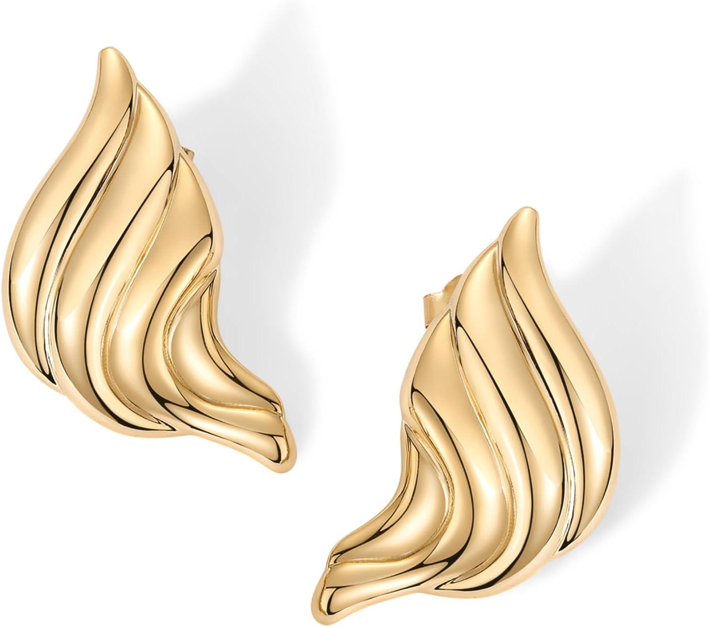 imagePAVOI 14K Gold Plated Chunky Vintage Earrings for Women  Trendy Textured Ribbed Knot Geometric Triangle Rope Button Seashell Wing Dangle Drop Stud Earrings DupesYellow Gold