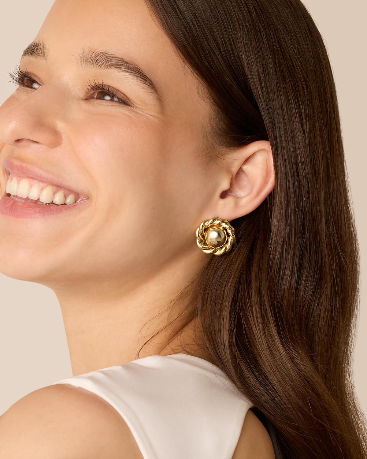 imagePAVOI 14K Gold Plated Chunky Vintage Earrings for Women  Trendy Textured Ribbed Knot Geometric Triangle Rope Button Seashell Wing Dangle Drop Stud Earrings DupesYellow Gold