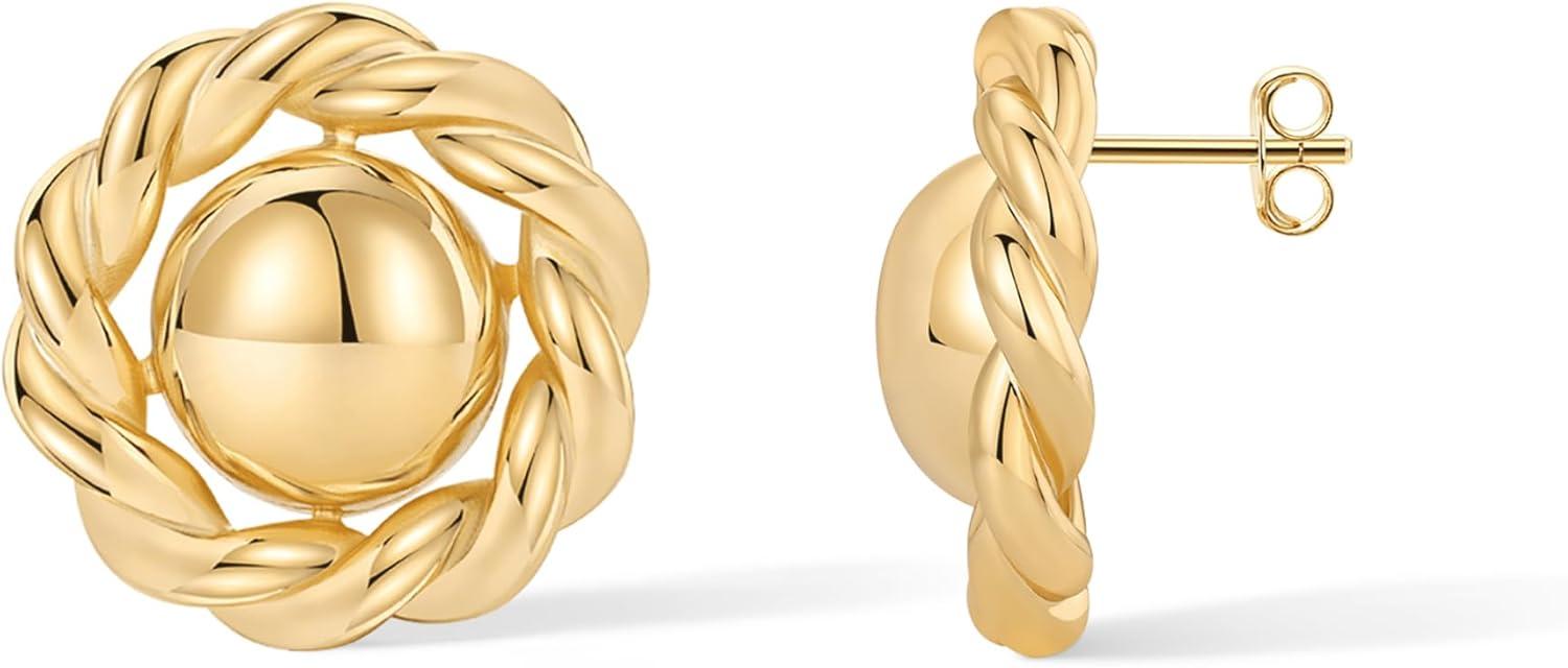 imagePAVOI 14K Gold Plated Chunky Vintage Earrings for Women  Trendy Textured Ribbed Knot Geometric Triangle Rope Button Seashell Wing Dangle Drop Stud Earrings DupesYellow Gold