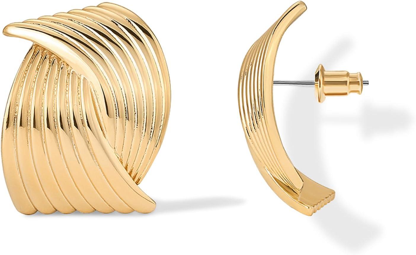 imagePAVOI 14K Gold Plated Chunky Vintage Earrings for Women  Trendy Textured Ribbed Knot Geometric Triangle Rope Button Seashell Wing Dangle Drop Stud Earrings DupesYellow Gold