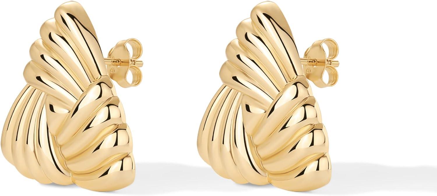 imagePAVOI 14K Gold Plated Chunky Vintage Earrings for Women  Trendy Textured Ribbed Knot Geometric Triangle Rope Button Seashell Wing Dangle Drop Stud Earrings DupesYellow Gold