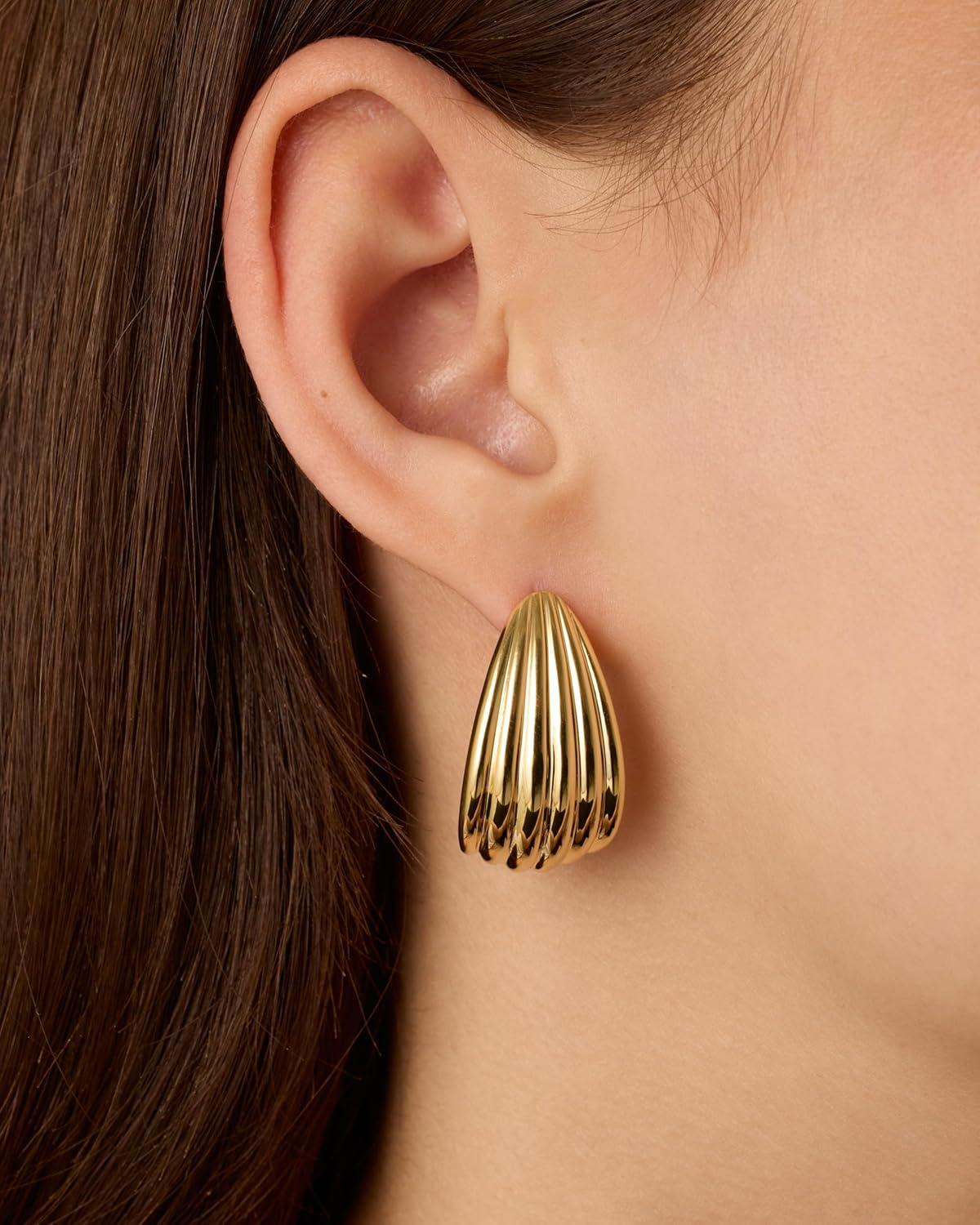 imagePAVOI 14K Gold Plated Chunky Vintage Earrings for Women  Trendy Textured Ribbed Knot Geometric Triangle Rope Button Seashell Wing Dangle Drop Stud Earrings DupesWhite Gold