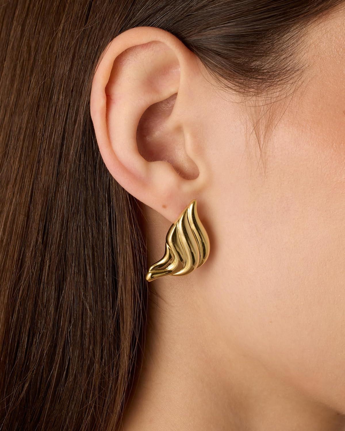 imagePAVOI 14K Gold Plated Chunky Vintage Earrings for Women  Trendy Textured Ribbed Knot Geometric Triangle Rope Button Seashell Wing Dangle Drop Stud Earrings DupesYellow Gold