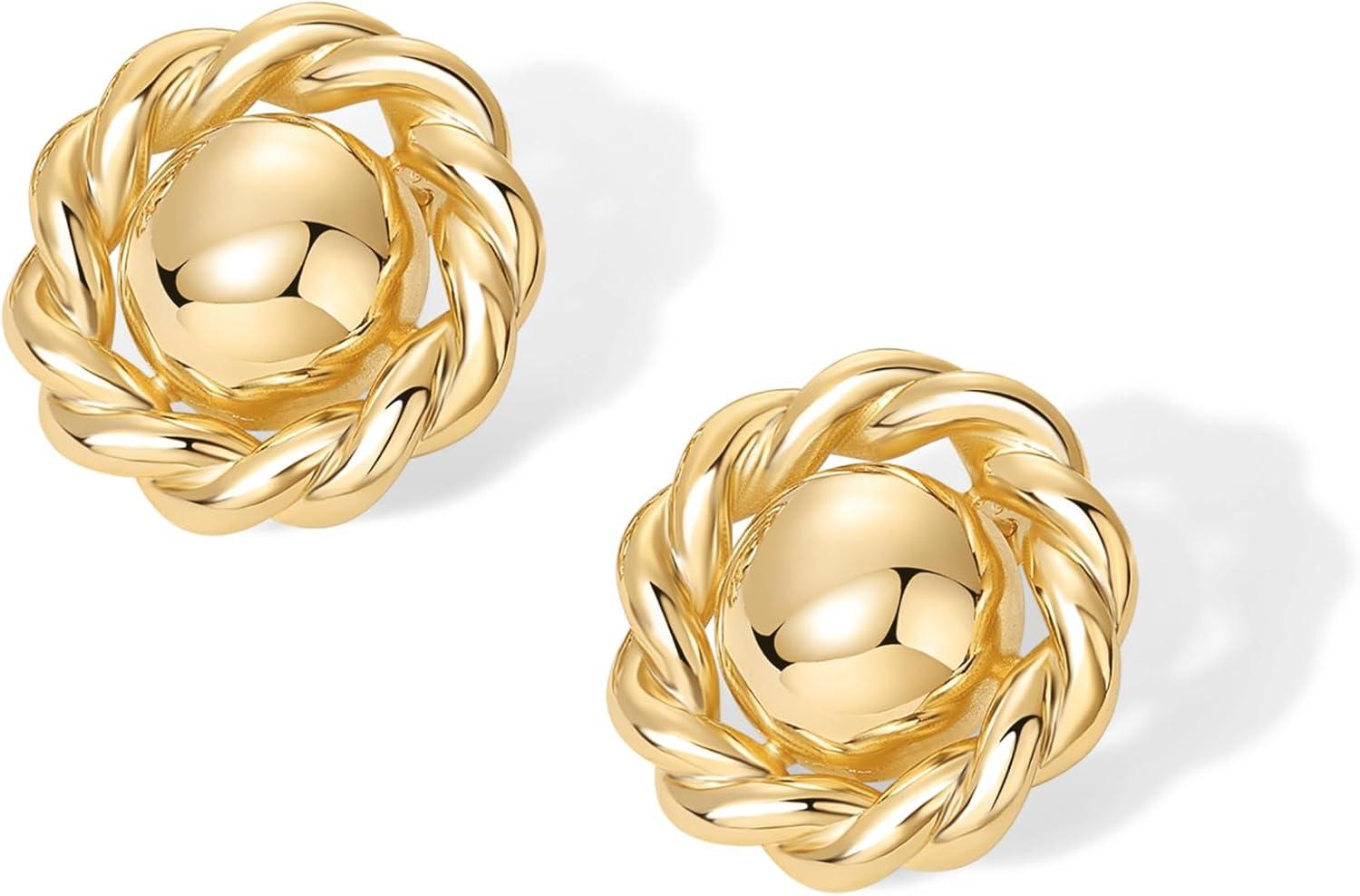 imagePAVOI 14K Gold Plated Chunky Vintage Earrings for Women  Trendy Textured Ribbed Knot Geometric Triangle Rope Button Seashell Wing Dangle Drop Stud Earrings DupesYellow Gold