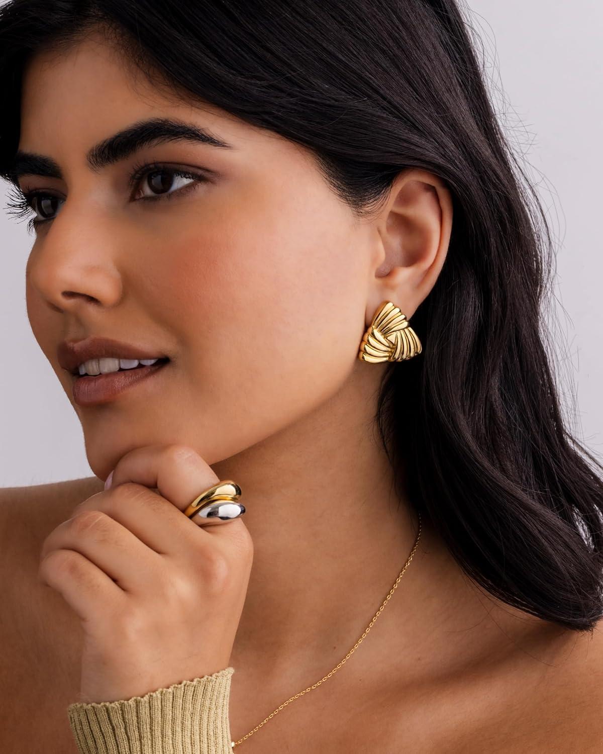 imagePAVOI 14K Gold Plated Chunky Vintage Earrings for Women  Trendy Textured Ribbed Knot Geometric Triangle Rope Button Seashell Wing Dangle Drop Stud Earrings DupesWhite Gold