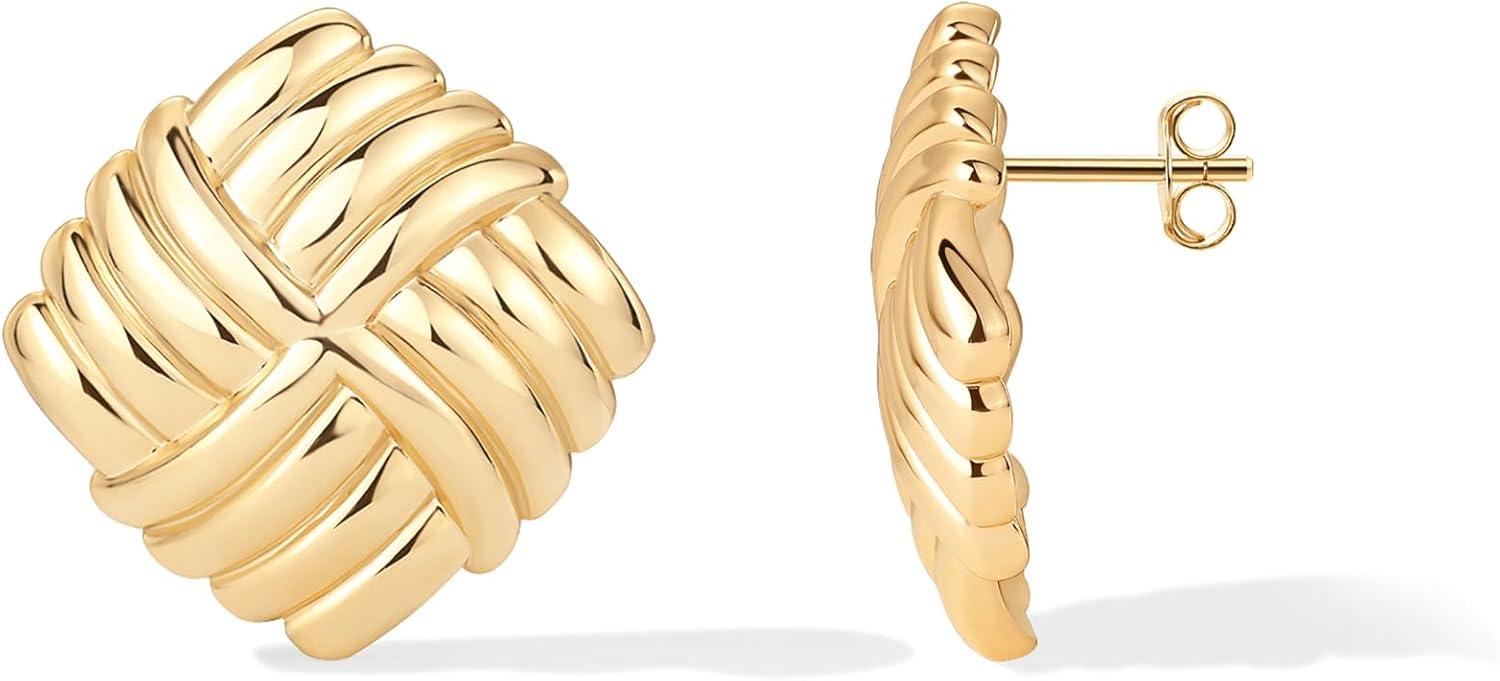 imagePAVOI 14K Gold Plated Chunky Vintage Earrings for Women  Trendy Textured Ribbed Knot Geometric Triangle Rope Button Seashell Wing Dangle Drop Stud Earrings DupesYellow Gold