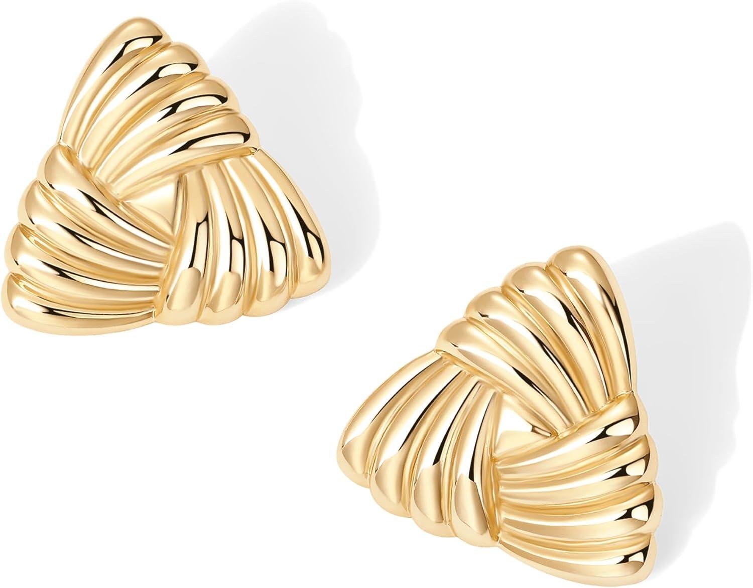 imagePAVOI 14K Gold Plated Chunky Vintage Earrings for Women  Trendy Textured Ribbed Knot Geometric Triangle Rope Button Seashell Wing Dangle Drop Stud Earrings DupesYellow Gold