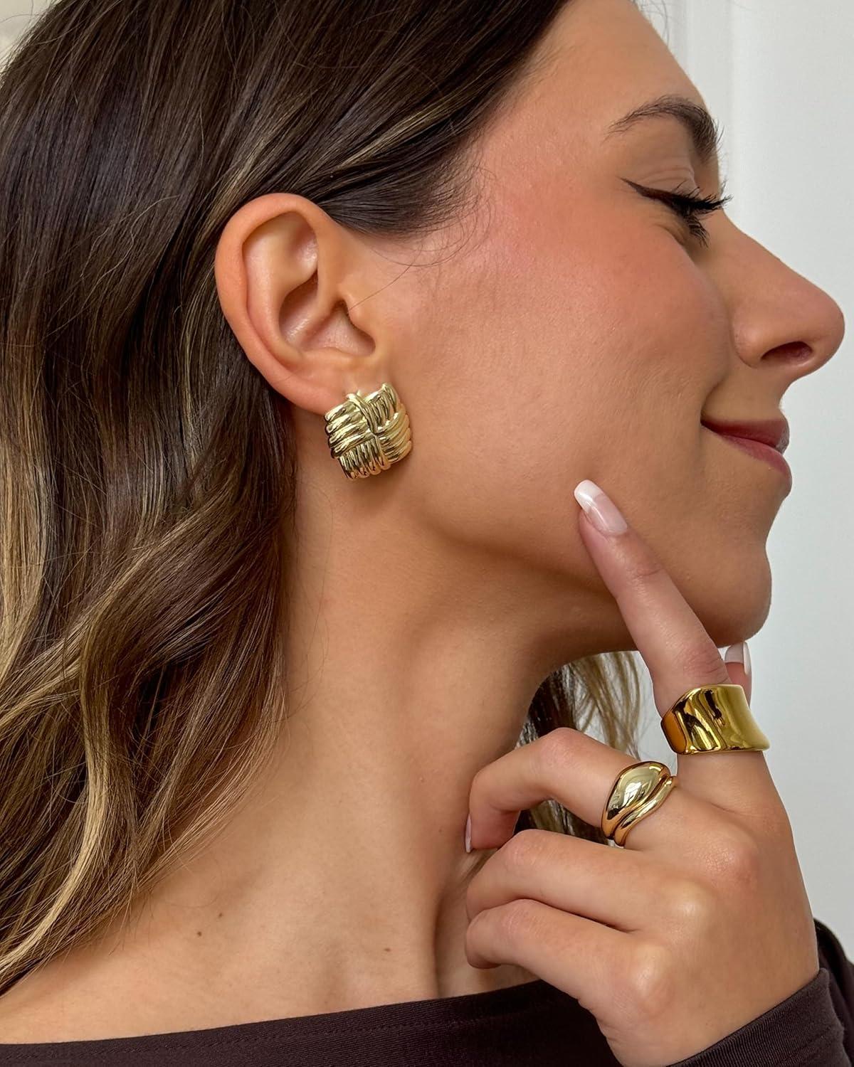 imagePAVOI 14K Gold Plated Chunky Vintage Earrings for Women  Trendy Textured Ribbed Knot Geometric Triangle Rope Button Seashell Wing Dangle Drop Stud Earrings DupesWhite Gold