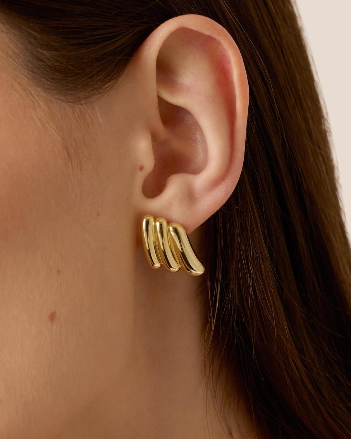 imagePAVOI 14K Gold Plated Chunky Vintage Earrings for Women  Trendy Textured Ribbed Knot Geometric Triangle Rope Button Seashell Wing Dangle Drop Stud Earrings DupesWhite Gold