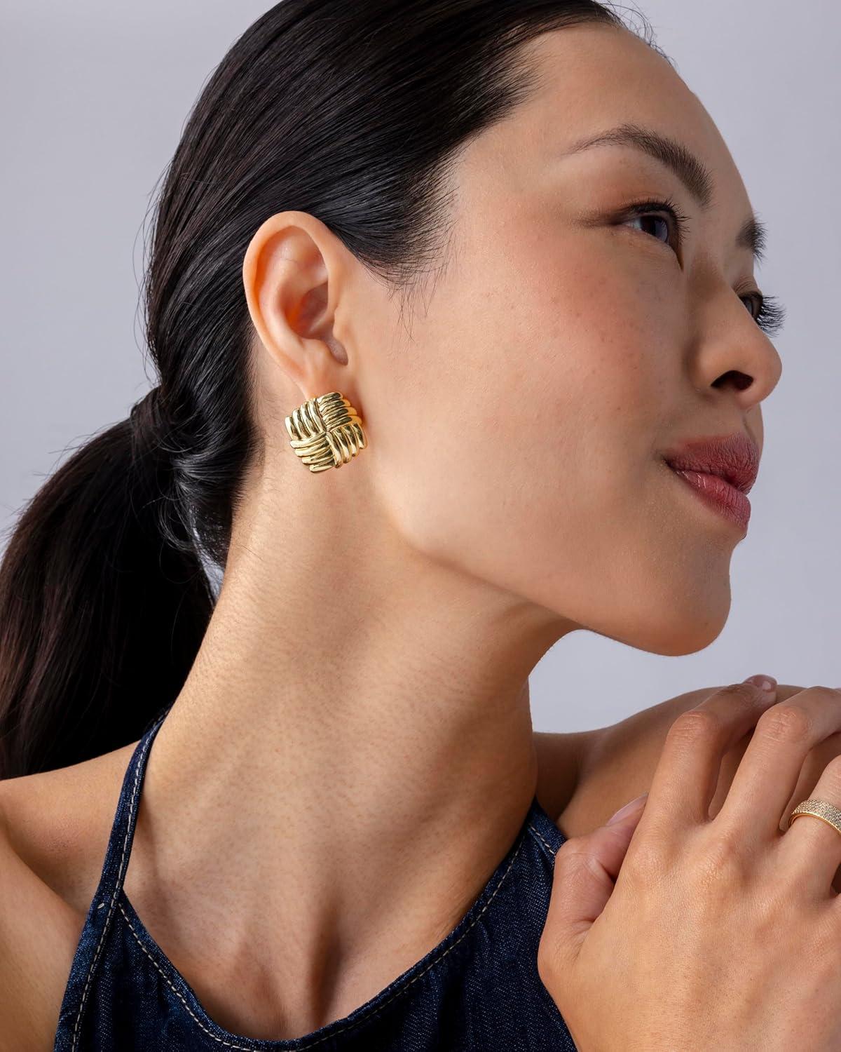 imagePAVOI 14K Gold Plated Chunky Vintage Earrings for Women  Trendy Textured Ribbed Knot Geometric Triangle Rope Button Seashell Wing Dangle Drop Stud Earrings DupesWhite Gold