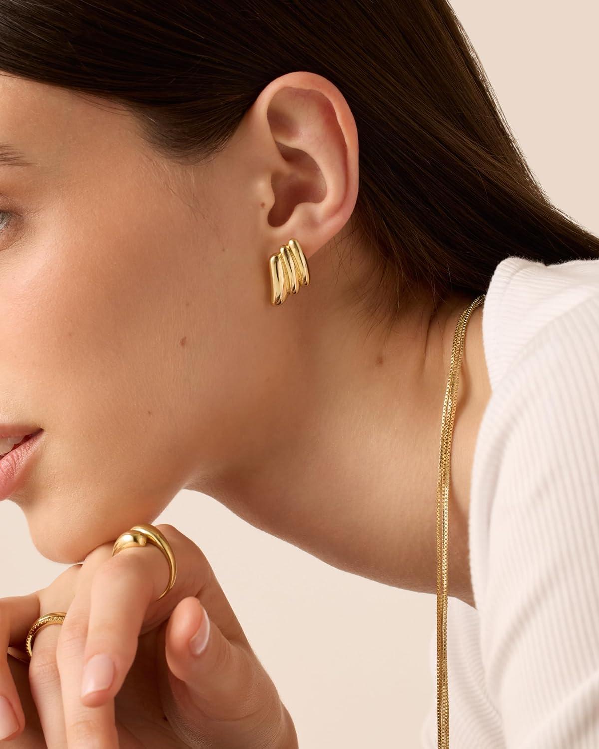 imagePAVOI 14K Gold Plated Chunky Vintage Earrings for Women  Trendy Textured Ribbed Knot Geometric Triangle Rope Button Seashell Wing Dangle Drop Stud Earrings DupesWhite Gold