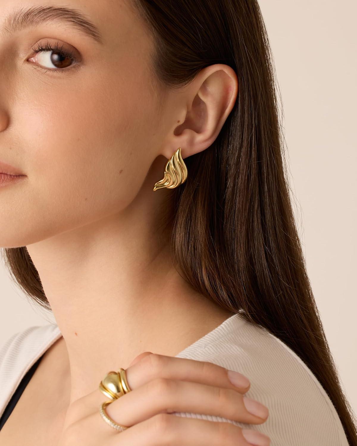 imagePAVOI 14K Gold Plated Chunky Vintage Earrings for Women  Trendy Textured Ribbed Knot Geometric Triangle Rope Button Seashell Wing Dangle Drop Stud Earrings DupesWhite Gold